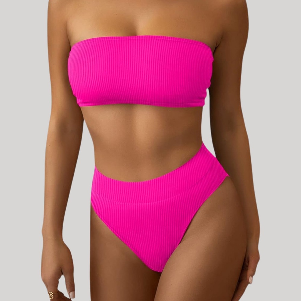 NWT Hot Pink Ribbed High‎ Waisted Bikini Set - Large